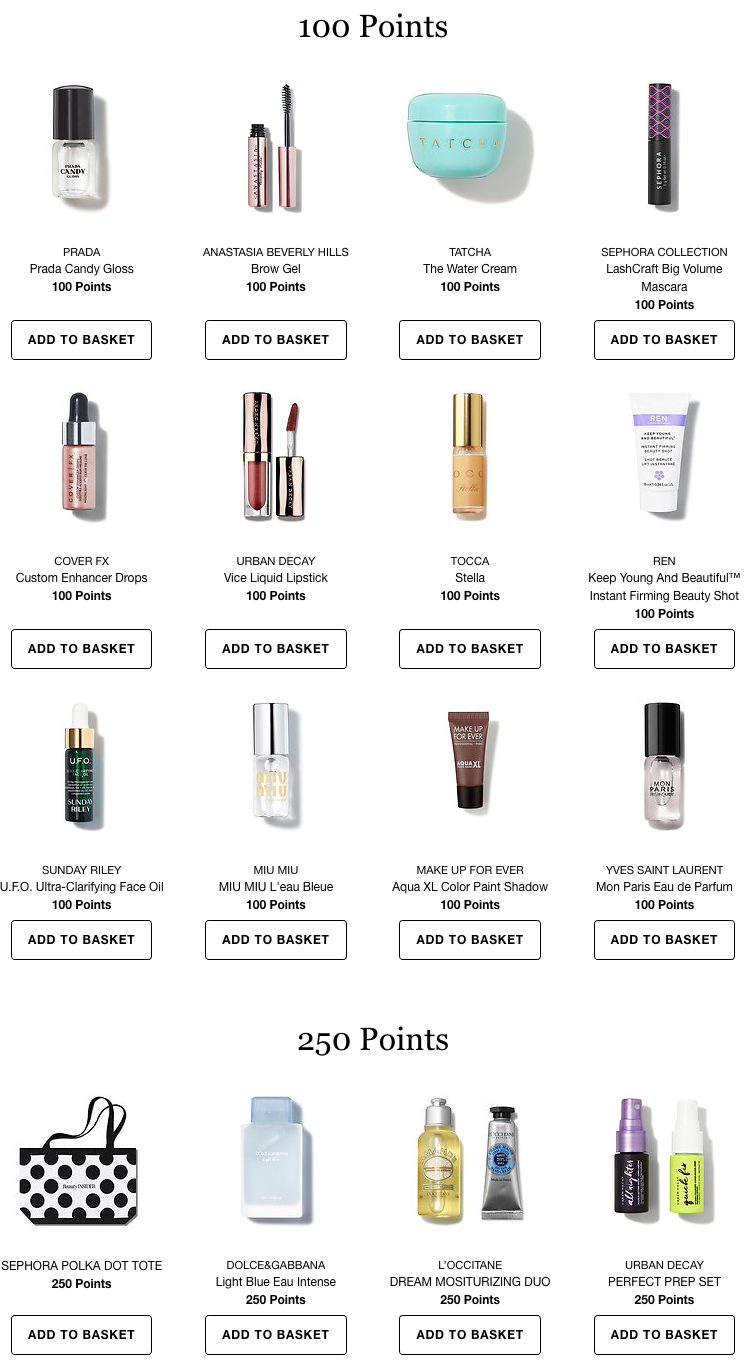 New Sephora 100 and 250 pts rewards Gift With Purchase