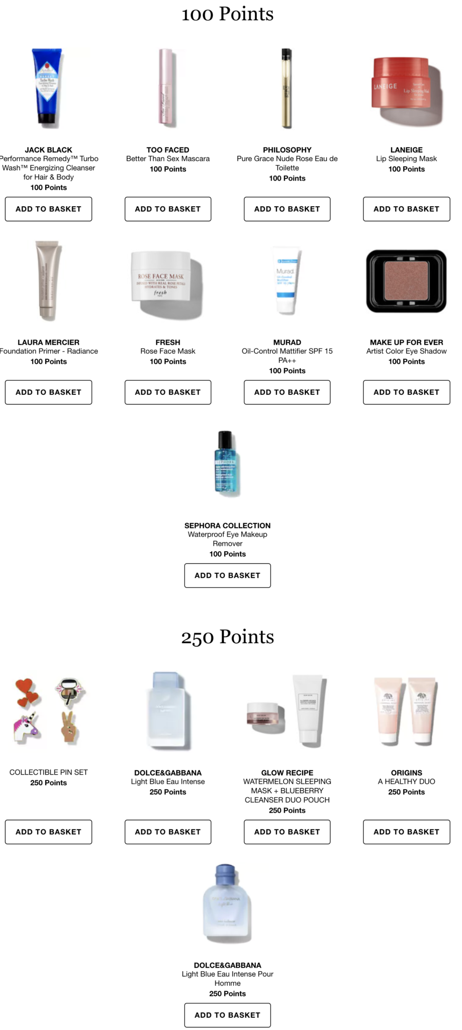 New Sephora 100/250 pts rewards Gift With Purchase