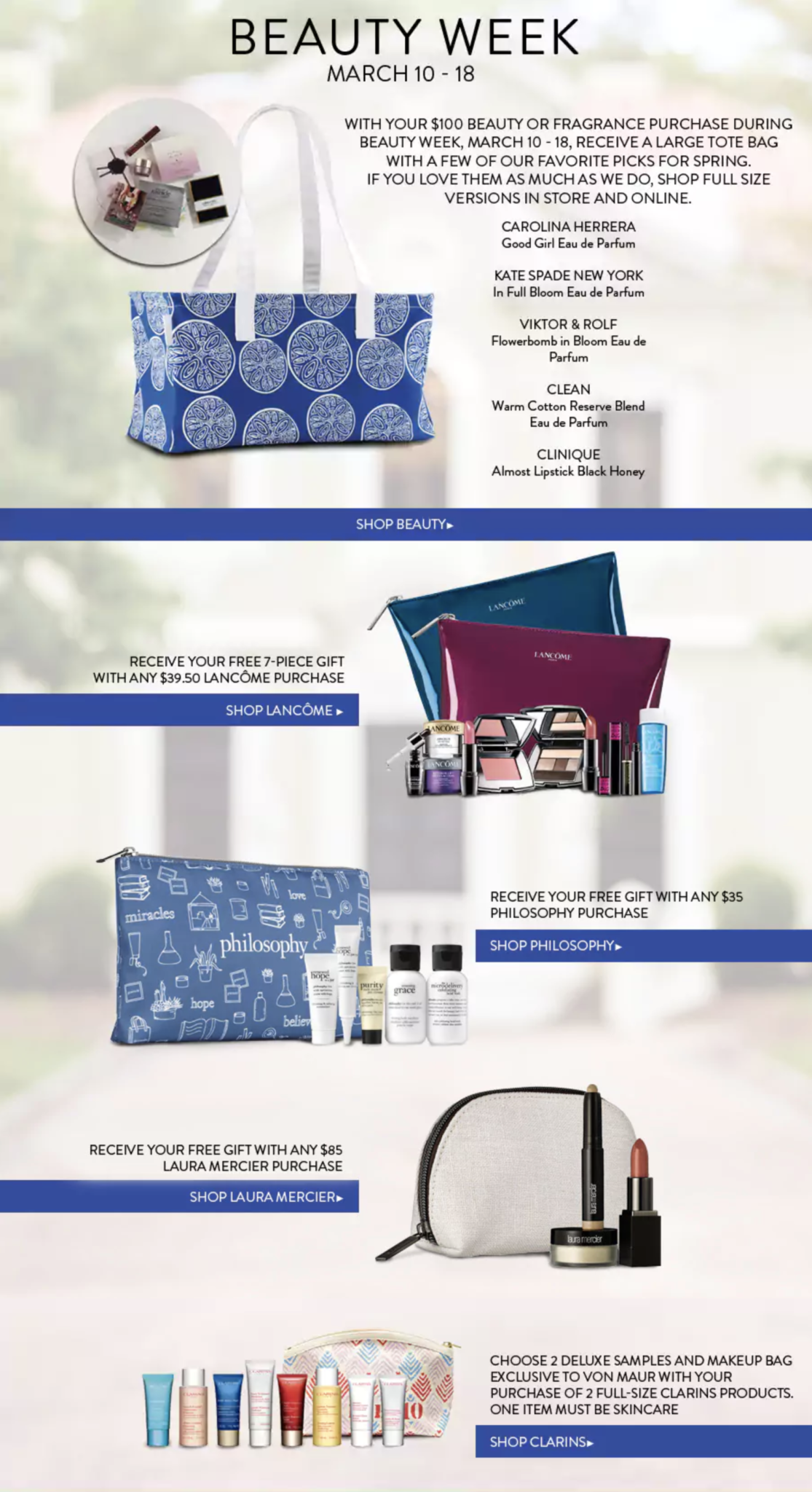 Von Maur Free samples + large tote w/100 purchase Gift With Purchase