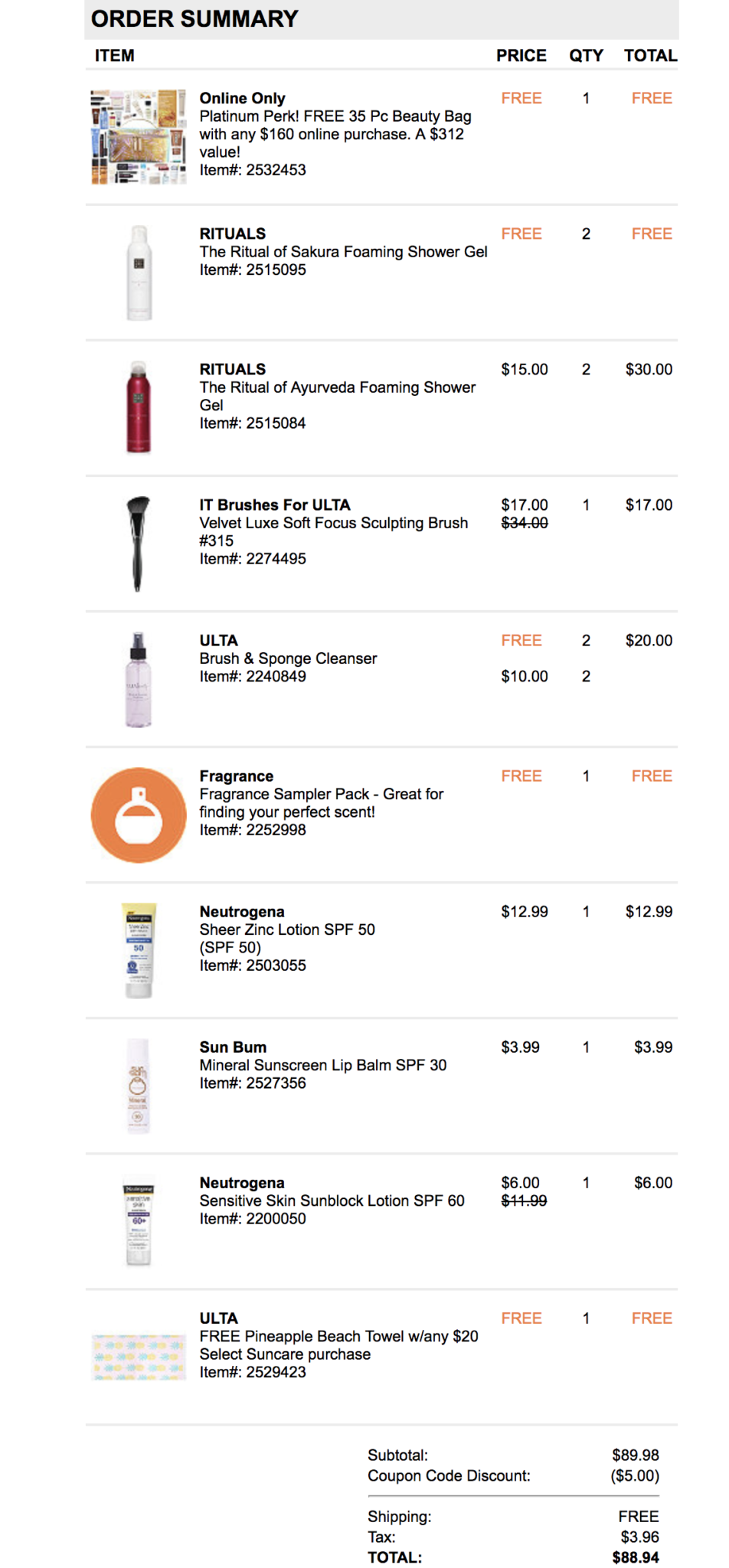 My Today's Ulta Order - $84.98 + free Platinum beauty bag - Gift With ...