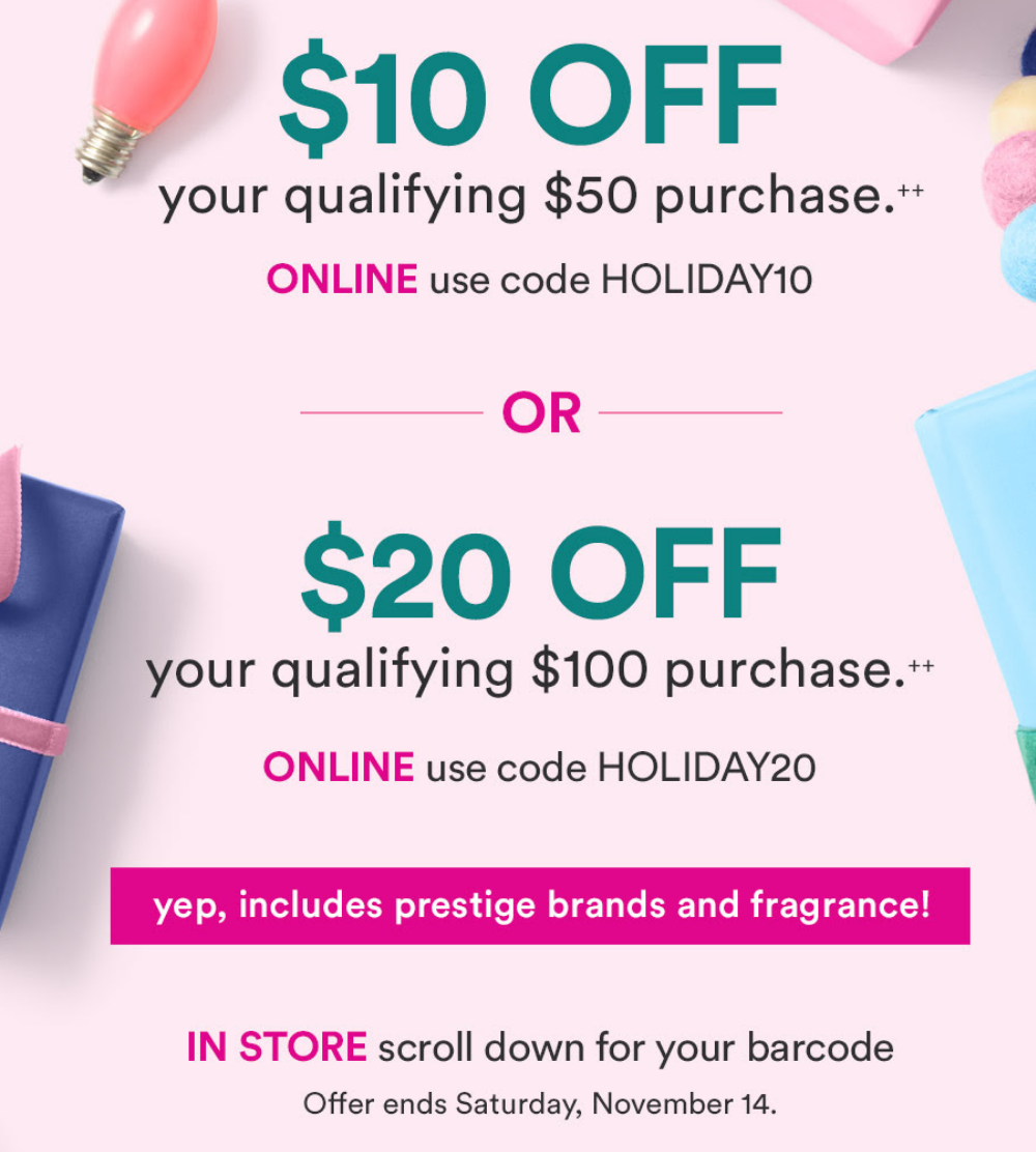 Ulta 10 off 50 OR 20 off 100(incl. prestige brands) Gift With