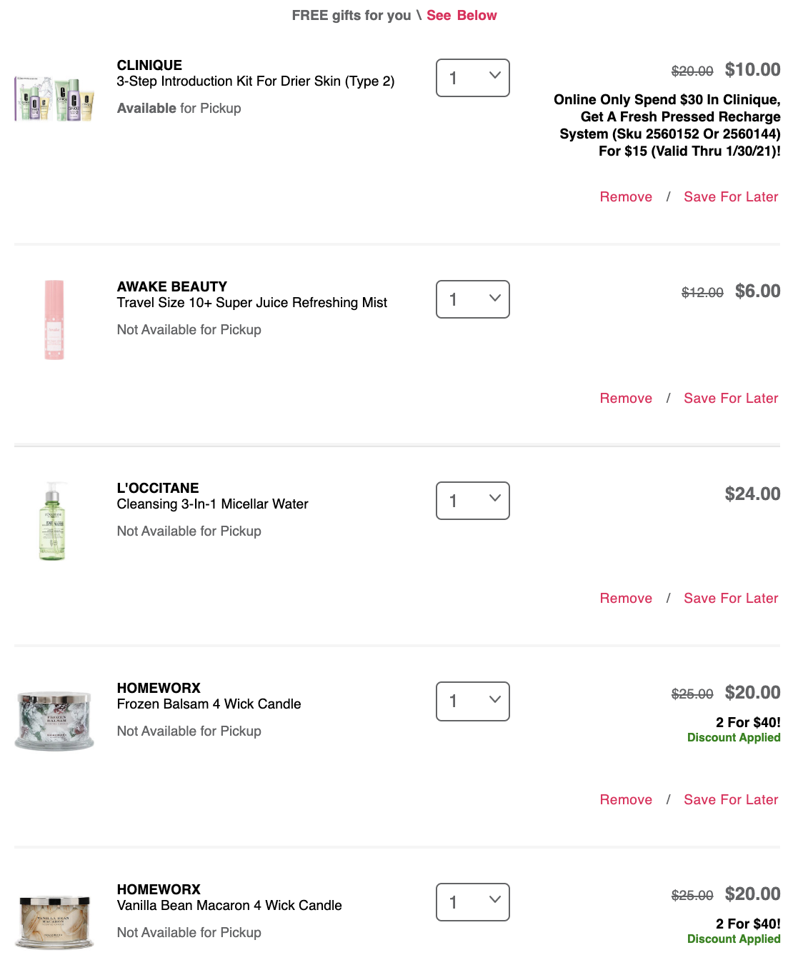 My Ulta Example Cart: $80 total + 7 GWPs(incl. free 34 pcs gift bag ...