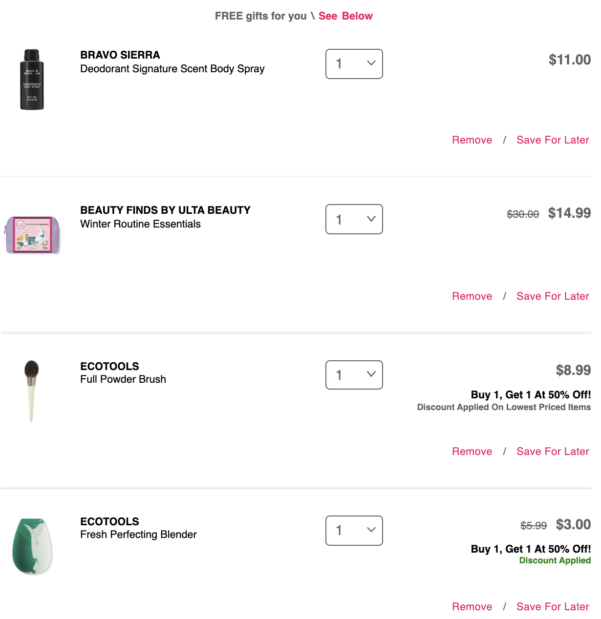 My Ulta Example Cart $37.98 + tip on the Bumble and Bumble freebies ...